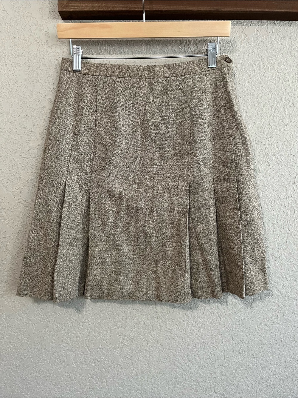 Vintage RALPH Ralph Lauren Wool Silk Pleated Tweed Midi Skirt Tan Beige Size 10